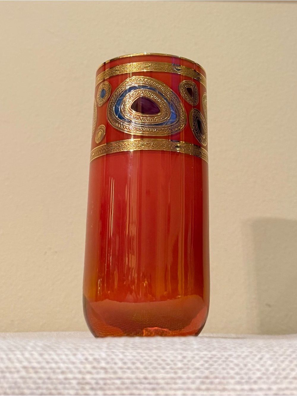 VIETRI Handmade Poland Amber Red Gold Enamel Paisley Regalia High Ball 6”